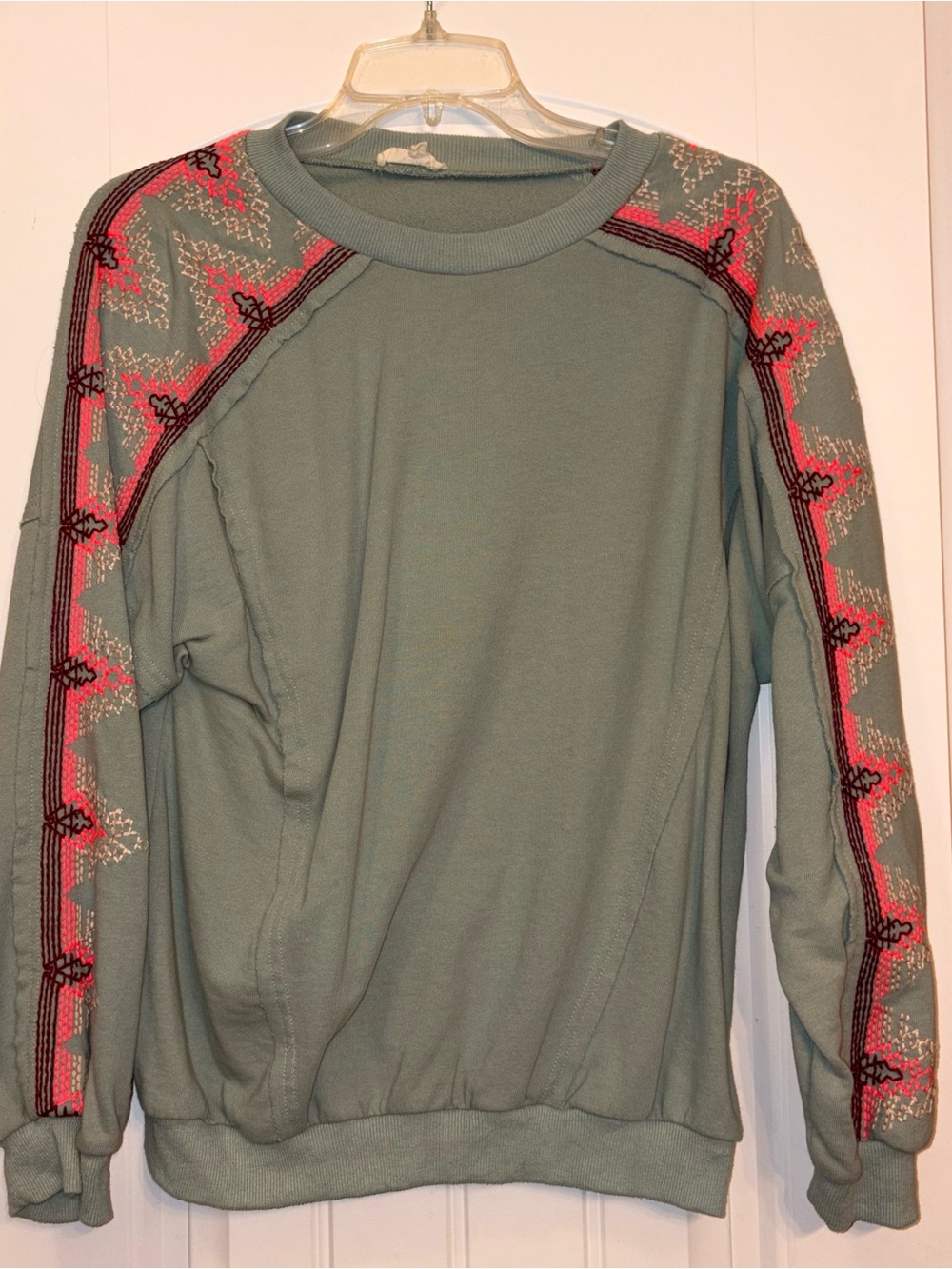 easel Sage Green Crewneck Sweatshirt with Pink Zigzag Sleeve Detail